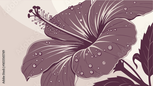 Detailed hibiscus flower illustration with water droplets vector art botanical drawing design element
