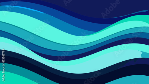 Abstract, flowing wave pattern in various shades of cool blue and turquoise. A dynamic, layered design suggesting water, ocean, or sound waves. Vector graphic.