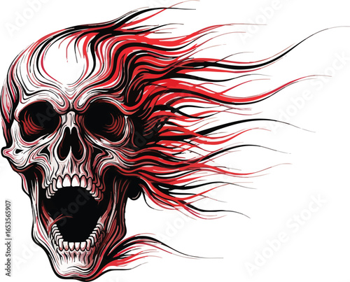 A stylized illustration of a skull with red and black flowing hair, screaming with open mouth.