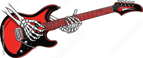 A skeletal hand strums a red and black electric guitar, a rock and roll concept.