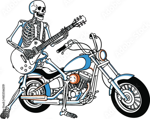 A skeletal figure plays a guitar while seated on a motorcycle, a rock and roll theme.