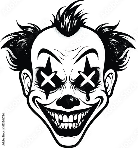 A menacing black and white illustration of a clown with crossed-out eyes and a sinister grin.
