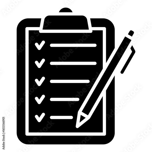 Clipboard with checklist and pen, feedback form glyph solid icon