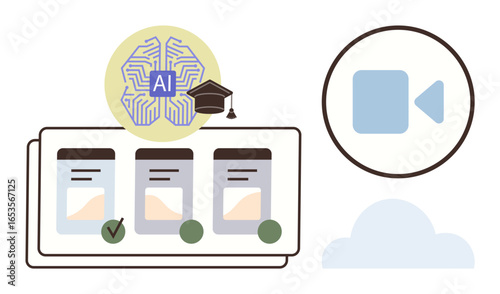 AI-brain circuit logo wearing academic hat, task checklists with green checkmarks, video camera icon, and cloud. Ideal for education, AI learning, project management, video, data storage innovation