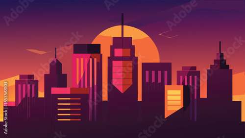 Stylized City Skyline at Sunset with Warm Orange and Purple Hues cityscape urban transparency background