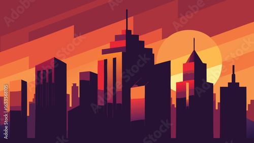 Stylized city skyline at sunset with large sun and warm orange and purple hues urban sunrise transparency background