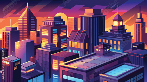 Stylized Cityscape at Dusk with Warm Glowing Windows and Dramatic Sky urban skyline transparency background
