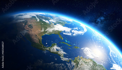 View Of Earth From Space Illuminated By Sunlight Showing Continents Oceans And Atmosphere Against A Starry Night Sky