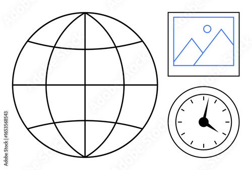 Globe with longitude and latitude lines, a framed image, and an analog clock. Ideal for global reach, time management, geography, digital media, education, planning connectivity simple flat