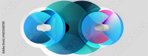 Abstract circles overlap, creating vibrant blue, teal, pink gradients. Modern design suggests technology, connection, innovation. Simple background enhances visual impact.