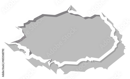 Torn paper hole or ripped wall banner with jagged edges and deep shadow effect. A dynamic, monochrome design element for damage, urgency, or disclosure concepts.