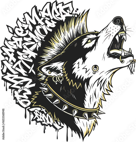 Graphic illustration of a howling wolf with a mohawk, spiked collar, and graffiti lettering.