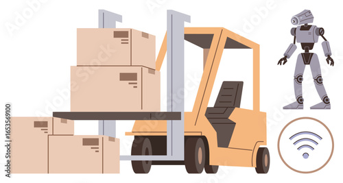 Forklift lifting boxes, humanoid robot, and wireless signal representing automation, robotics, and digital connectivity. Ideal for logistics, AI, innovation, supply chain technology transportation