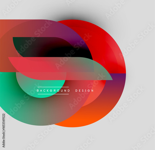 Abstract colorful shapes overlap, creating dynamic visual effect. Gradient hues blend smoothly, forming modern design element.