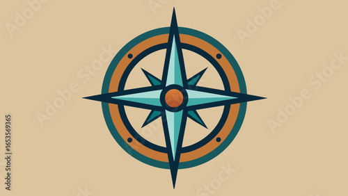 Stylized compass rose with teal and orange accents on a beige transparency background navigation direction