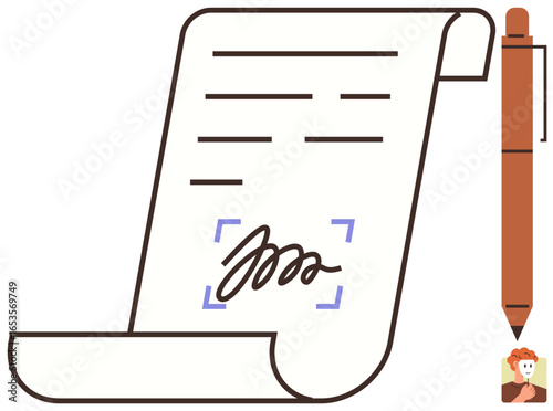 Signed scroll document with highlighted signature box, accompanied by a pen. Ideal for legal document, agreement, contract, business deal, e-signature, official paperwork, and simple flat metaphor