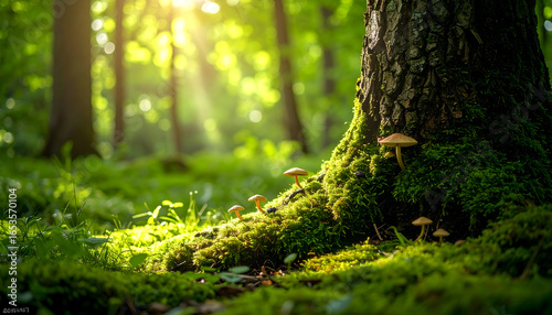 Lush Green Forest Scene With Sunlight Shining Through Trees and Growing Mushrooms