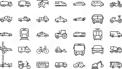 Collection of Simple Line Icons Representing Various Modes of Transportation Including Cars, Buses, Trucks, Airplanes, Trains, Bicycles, Motorcycles and Other Vehicles