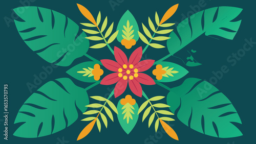 Tropical Floral and Leaf Arrangement on a Dark Teal transparency background leaves foliage