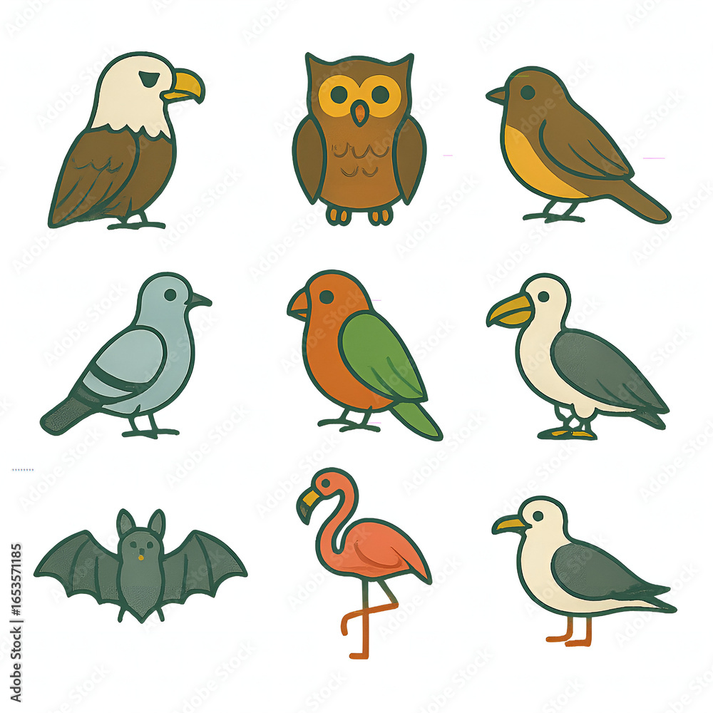 Fototapeta premium Cute Handdrawn Wild and Domestic Birds Illustration with Bat Collection