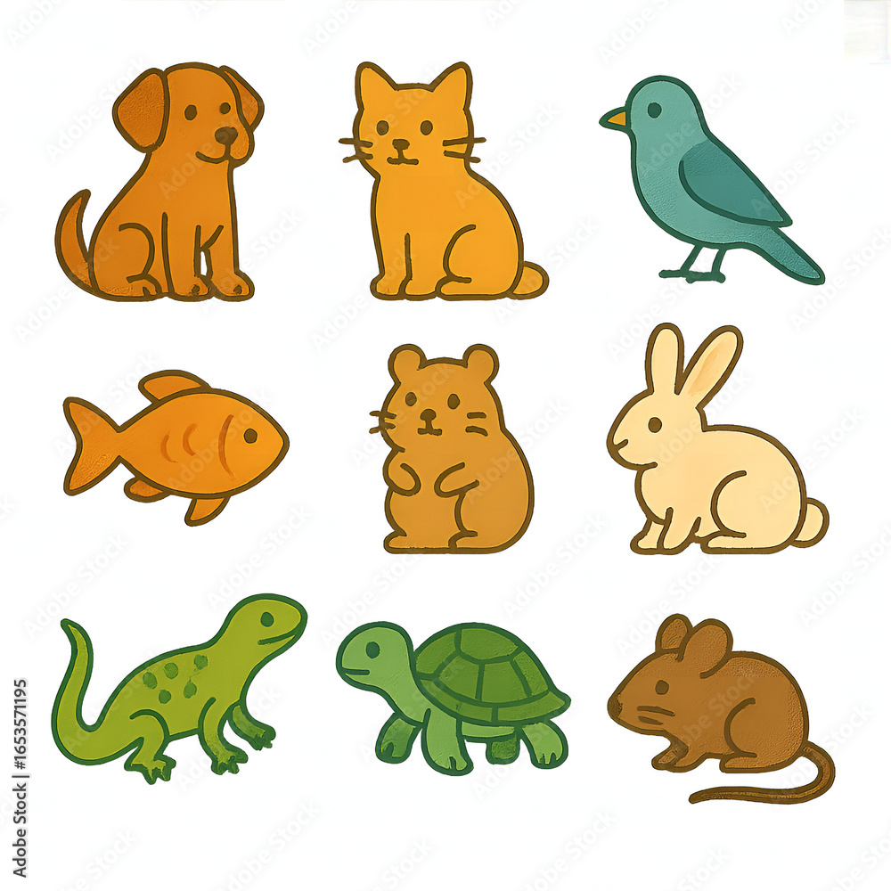 Obraz premium Cute Cartoon Colored Pet Animal Set Isolated On White Background