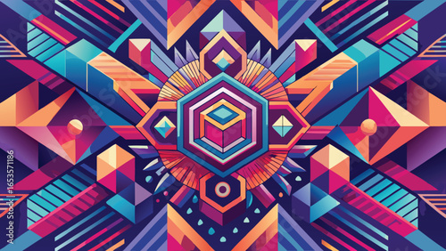 Vibrant Geometric Abstract Composition with Hexagon and Cubes vector illustration transparency background