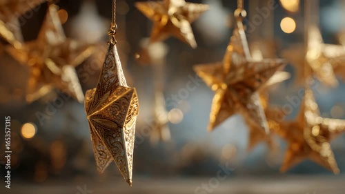 Magical gold star christmas ornament hanging for festive holiday decoration