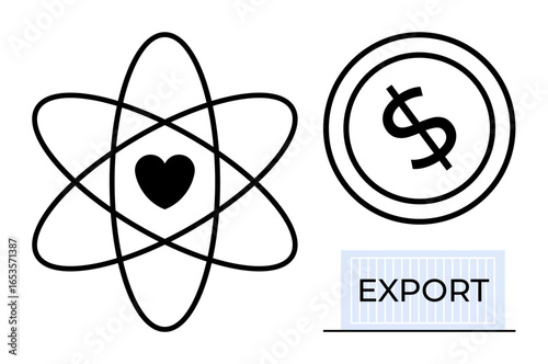 Atomic structure with heart symbolizes energy and innovation, dollar sign inside circle shows finance, and export box conveys trade. Ideal for economy, science, trade, innovation, commerce