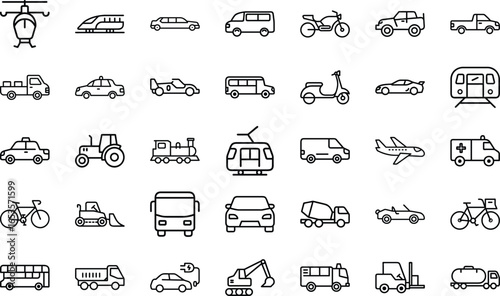 Collection of Simple Line Icons Representing Various Modes of Transportation Including Cars, Buses, Trucks, Airplanes, Trains, Bicycles, Motorcycles and Other Vehicles