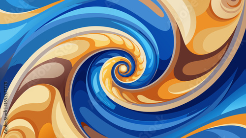 Dynamic, hypnotic spiral background featuring fluid, abstract shapes in a striking palette of blues, gold, and earthy tones. Evokes energy, motion, water, and artistic flow.