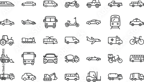 Collection of Simple Line Icons Representing Various Modes of Transportation Including Cars, Buses, Trucks, Airplanes, Trains, Bicycles, Motorcycles and Other Vehicles