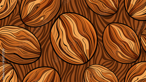 Seamless, stylized pattern of coffee beans with detailed wood grain textures in warm brown tones. Perfect for cafe decor, food packaging, beverage branding, or rustic backgrounds.