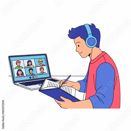Young man attending online meeting, taking notes on digital learning platform