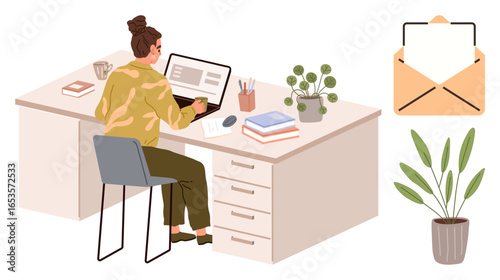 Woman seated at workspace with laptop, books, plant decor, cup, and an envelope beside a potted plant. Ideal for productivity, remote work, communication, modern lifestyle creativity education