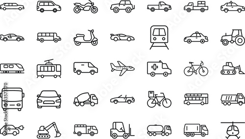 Collection of Simple Line Icons Representing Various Modes of Transportation Including Cars, Buses, Trucks, Airplanes, Trains, Bicycles, Motorcycles and Other Vehicles