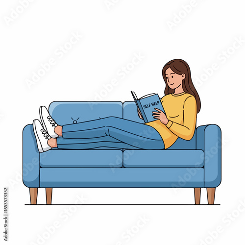 Relaxed woman comfortably reading book on cozy sofa, enjoying quiet leisure time