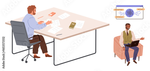 Team member reviews documents at desk while another presents research findings on laptop. Ideal for teamwork, education, collaboration, remote work, research analysis, workplace, simple flat metaphor