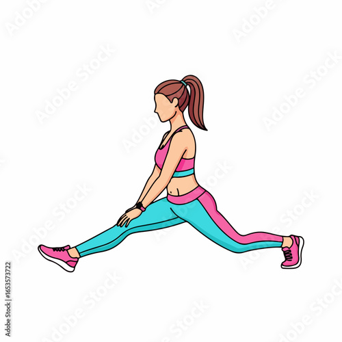 Active woman performing dynamic split stretch for flexibility and fitness