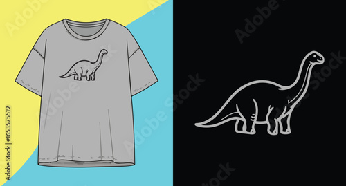 Gray t shirt featuring a dinosaur graphic alongside a separate dinosaur outline