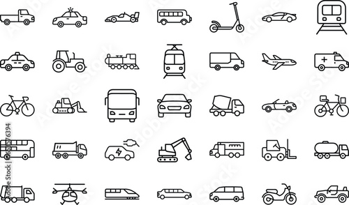 Collection of Simple Line Icons Representing Various Modes of Transportation Including Cars, Buses, Trucks, Airplanes, Trains, Bicycles, Motorcycles and Other Vehicles