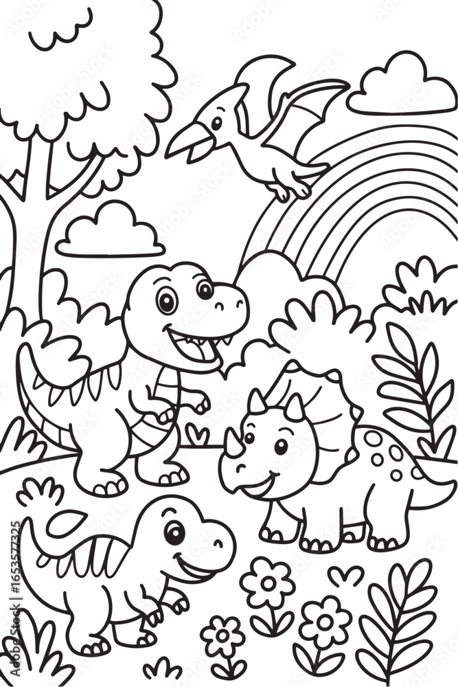 Fototapeta premium Cute baby dinosaurs in a jungle coloring page