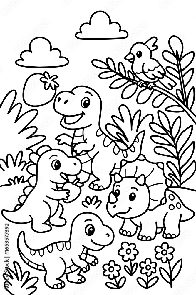 Fototapeta premium Cute baby dinosaurs in a jungle coloring page