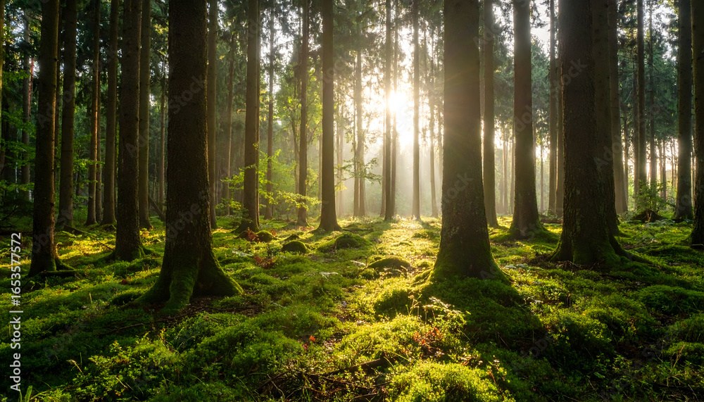 Obraz premium Lush Forest Interior with Sunlight Streaming Through the Trees Illuminating Green Foliage and Mossy Ground