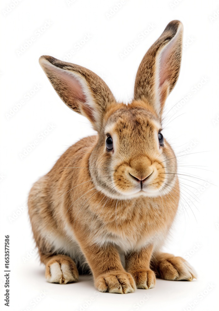Fototapeta premium Adorable Brown Rabbit with Upright Ears on White Background