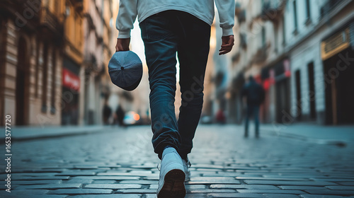 teenager holding cap in hand while walking, urban street in background, natural movement.