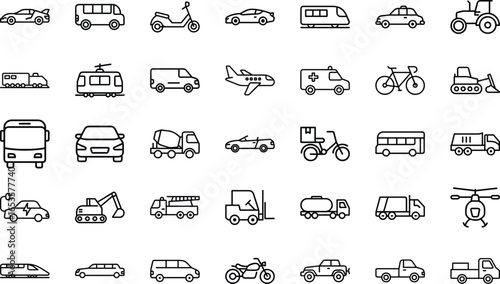 Collection of Simple Line Icons Representing Various Modes of Transportation Including Cars, Buses, Trucks, Airplanes, Trains, Bicycles, Motorcycles and Other Vehicles