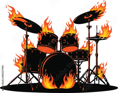 An illustration of a black rock and roll drum kit completely engulfed in flames.