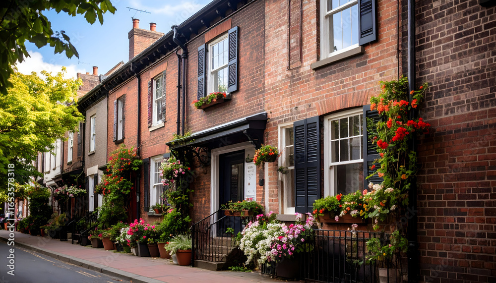 Fototapeta premium Picturesque Row Of Brick Buildings Decorated With Vibrant Flowers And Shutters On A Sunny Street
