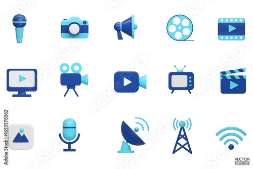 3D Mass Media icon set. Containing television, TV, Camera, satellite dish, megaphone, computer, Microphone, antenna, film, wifi. 3D vector illustration.