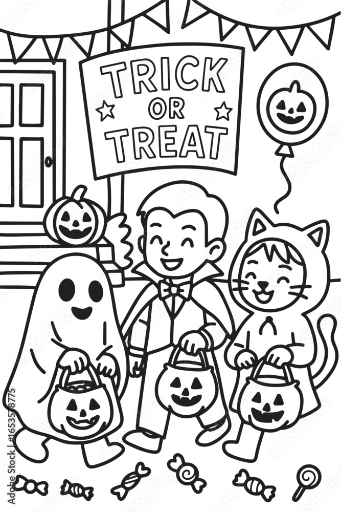 Fototapeta premium Halloween Kids Trick-or-Treating Coloring